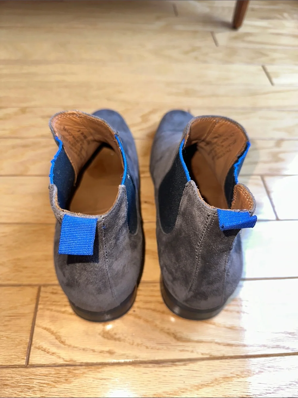 Men's Gray Suede Chelsea Boots with Blue Accent Pull Tabs